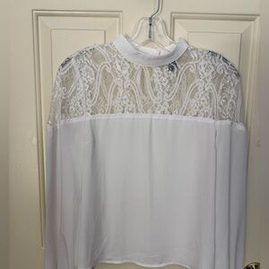 Forever 21 White Lace-top Crop Blouse with Mandarin Collar